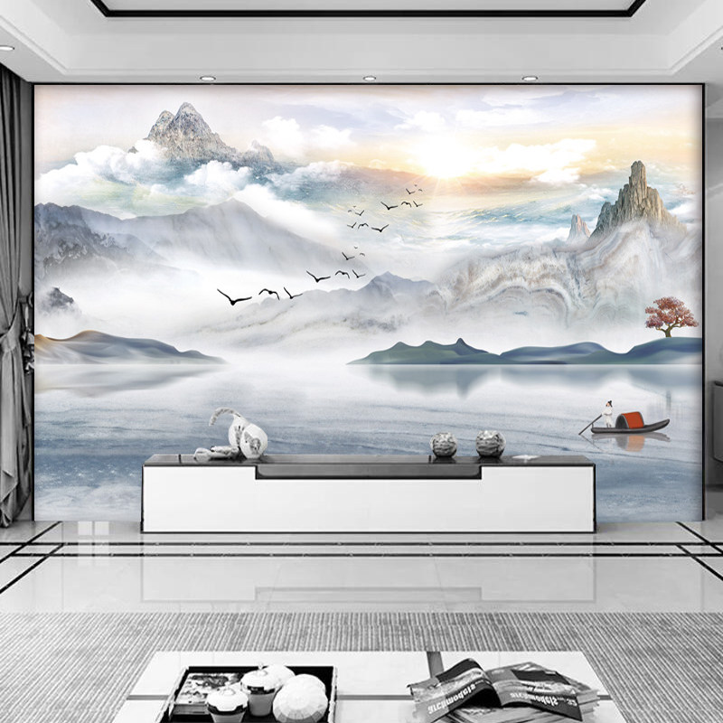 中式电视背景墙壁纸8D水墨山水背景墙布沙发墙纸书房茶室装饰壁画