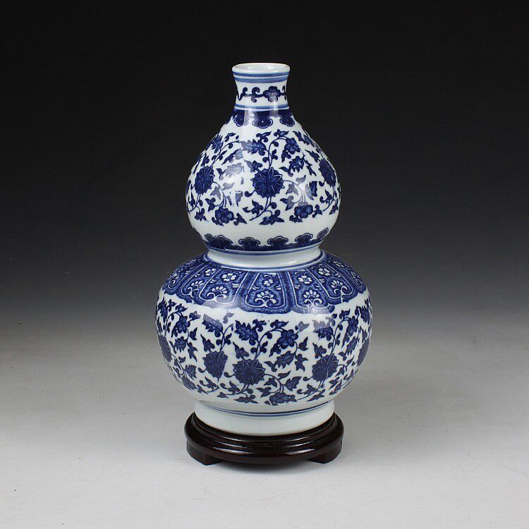 景德镇陶瓷器 富贵莲藤釉下彩青花瓷瓶葫芦瓶 古典家居摆设品摆件