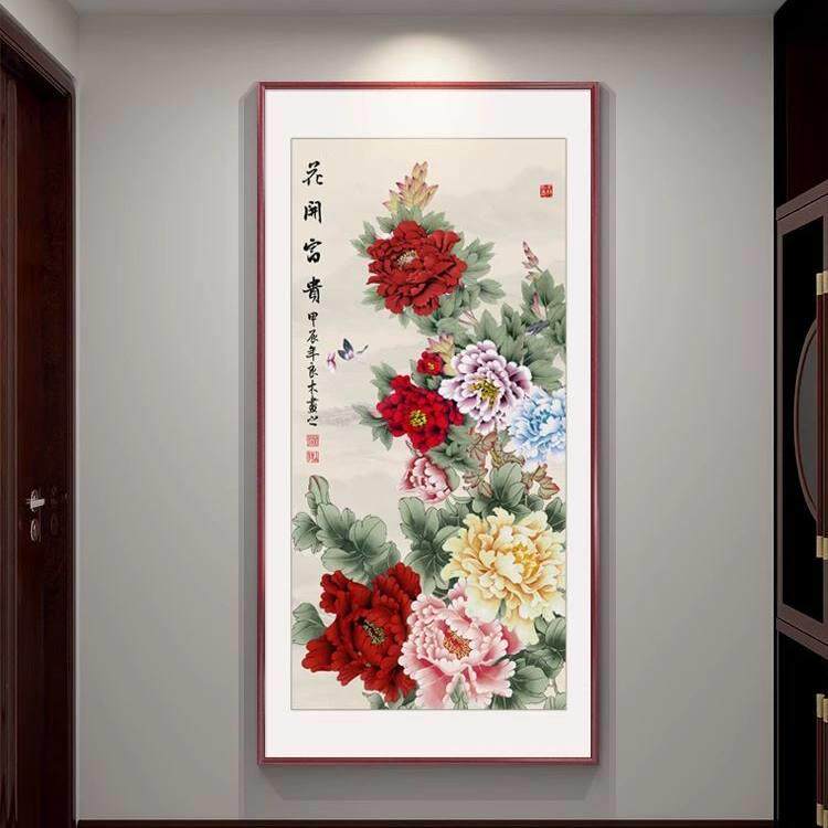新中式牡丹花鸟画玄关装饰画竖版客厅挂画植物花卉有框壁画