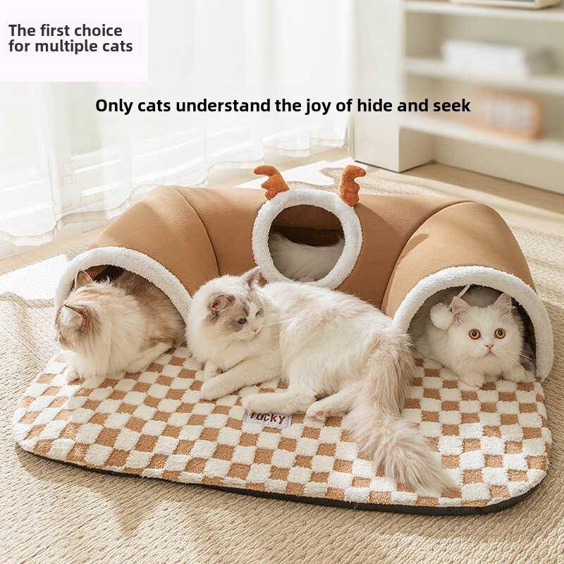 爆款2024秋冬季猫咪麋鹿捉迷藏猫隧道玩睡一体隧道猫窝宠物窝
