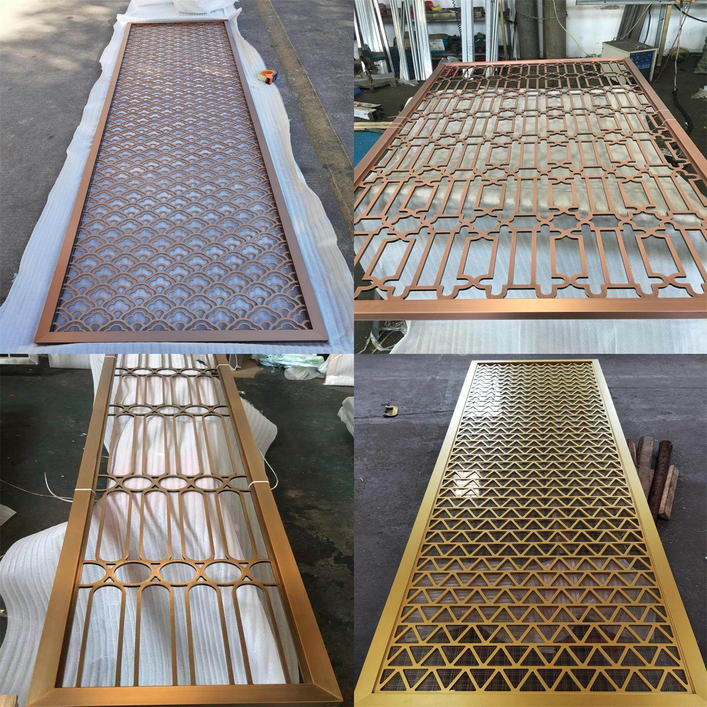 新中式不锈钢屏风隔断金属镂空铝雕花格玄关酒店会所夹丝玻璃屏风