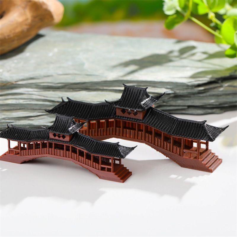 中式3D打印廊桥模型国风建筑摆件微景观假山盆景配件