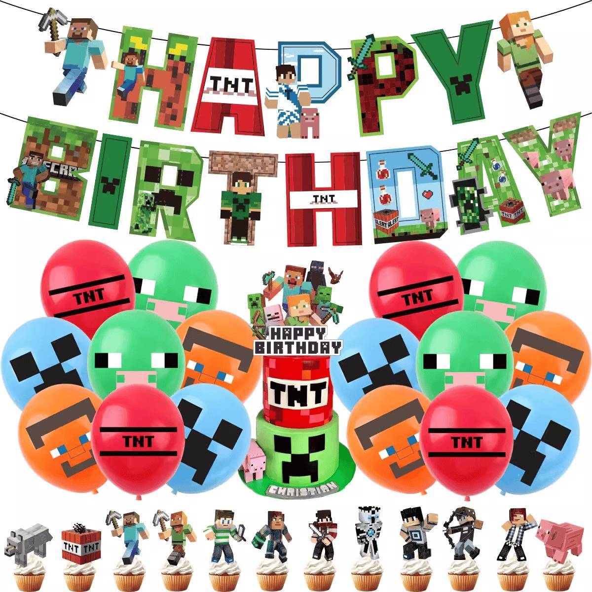 我的世界气球像素大战 游戏主题MC男孩生日派对用品拉旗蛋糕插装