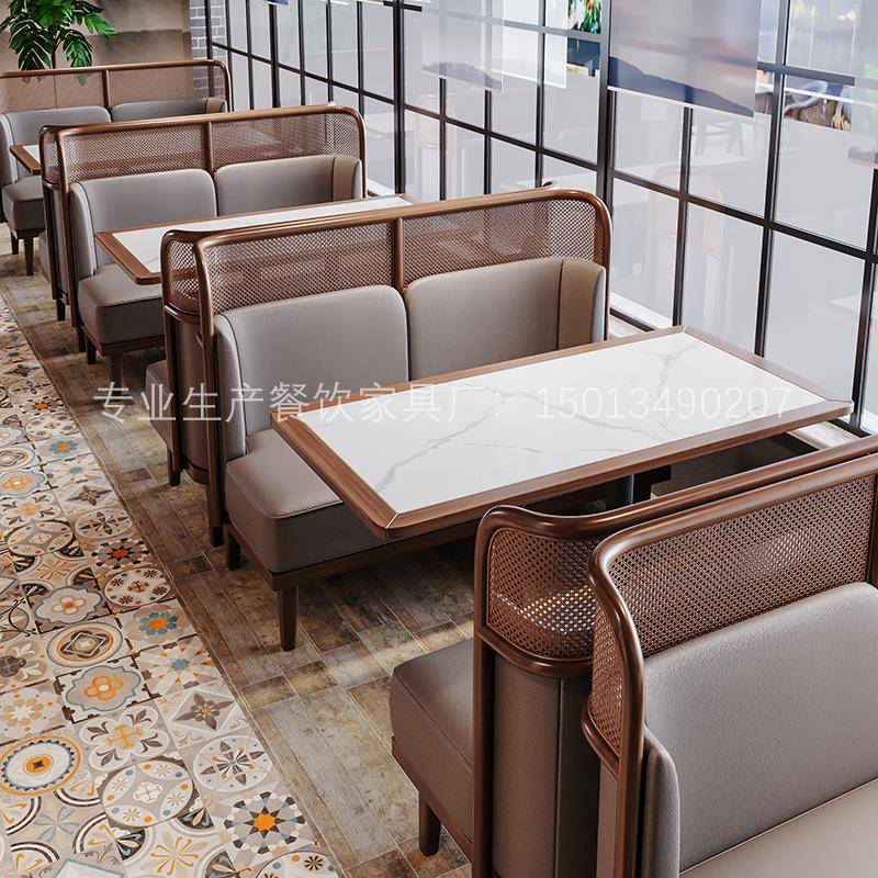 定制茶餐厅实木藤编卡座主题烧烤餐厅西餐厅火锅饭店桌椅卡座商用