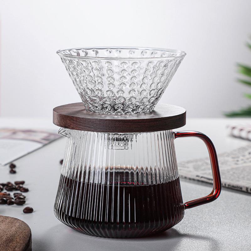2020年新款竖纹玻璃咖啡壶 现货草莓滤杯套装手冲分享壶厂家直供