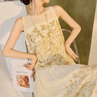 连衣裙N5050B 轻奢气质圆领无袖 国风版 高端重工钉珠刺绣长裙新中式