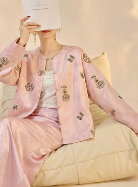 新中式国风重工刺绣提花盘扣设计上衣圆领显白气质百搭外套 NZ081