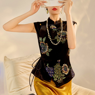 国风新中式 N9092 丝绒立领系带背心轻奢钉珠亮片刺绣桑蚕丝马甲女