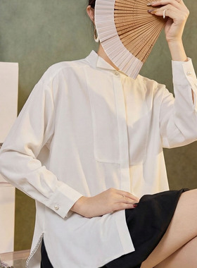 简约时尚风春季新款百搭衬衫女轻奢纯色立领设计感纯色上衣 P0116
