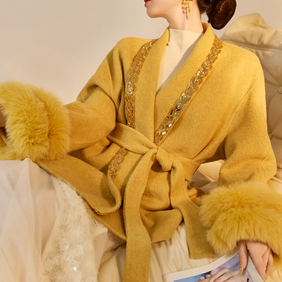 新中式狐狸毛袖羊毛双面呢大衣女