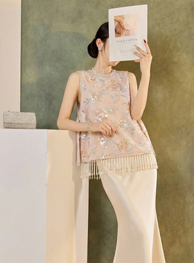 新中式重工刺绣亮片流苏绑带设计马甲纯色吊带裙气质两件套 P0107