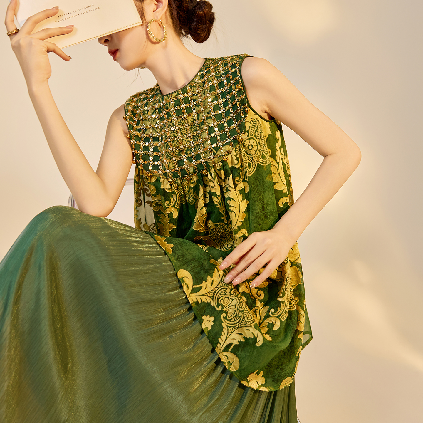 新中式国风复古珠片设计人丝长裙