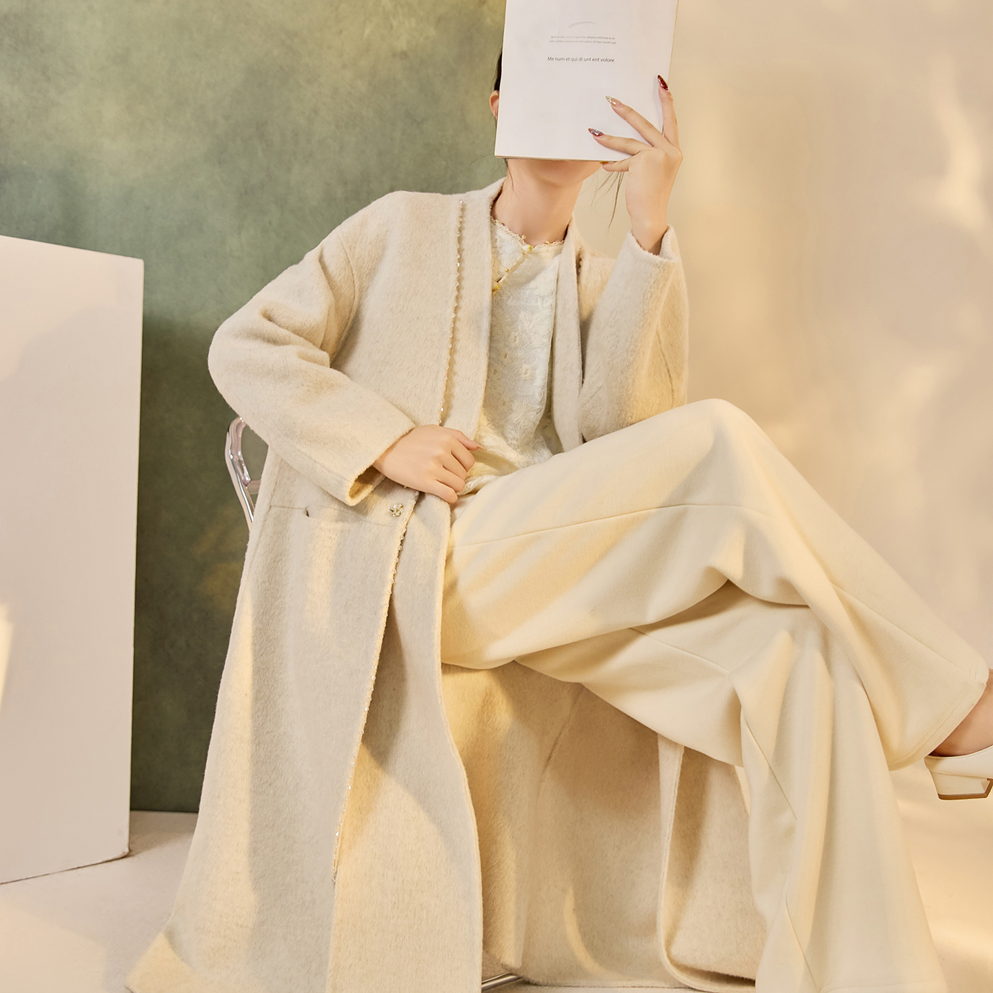 国风冬季羊毛纯色双面呢大衣套装