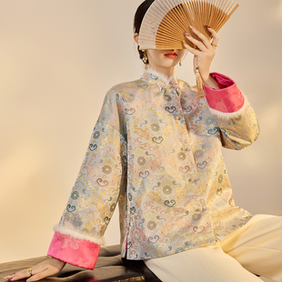 新中式 NX059 复古立领盘扣夹棉外套国风高端提花水貂毛拼接棉服女