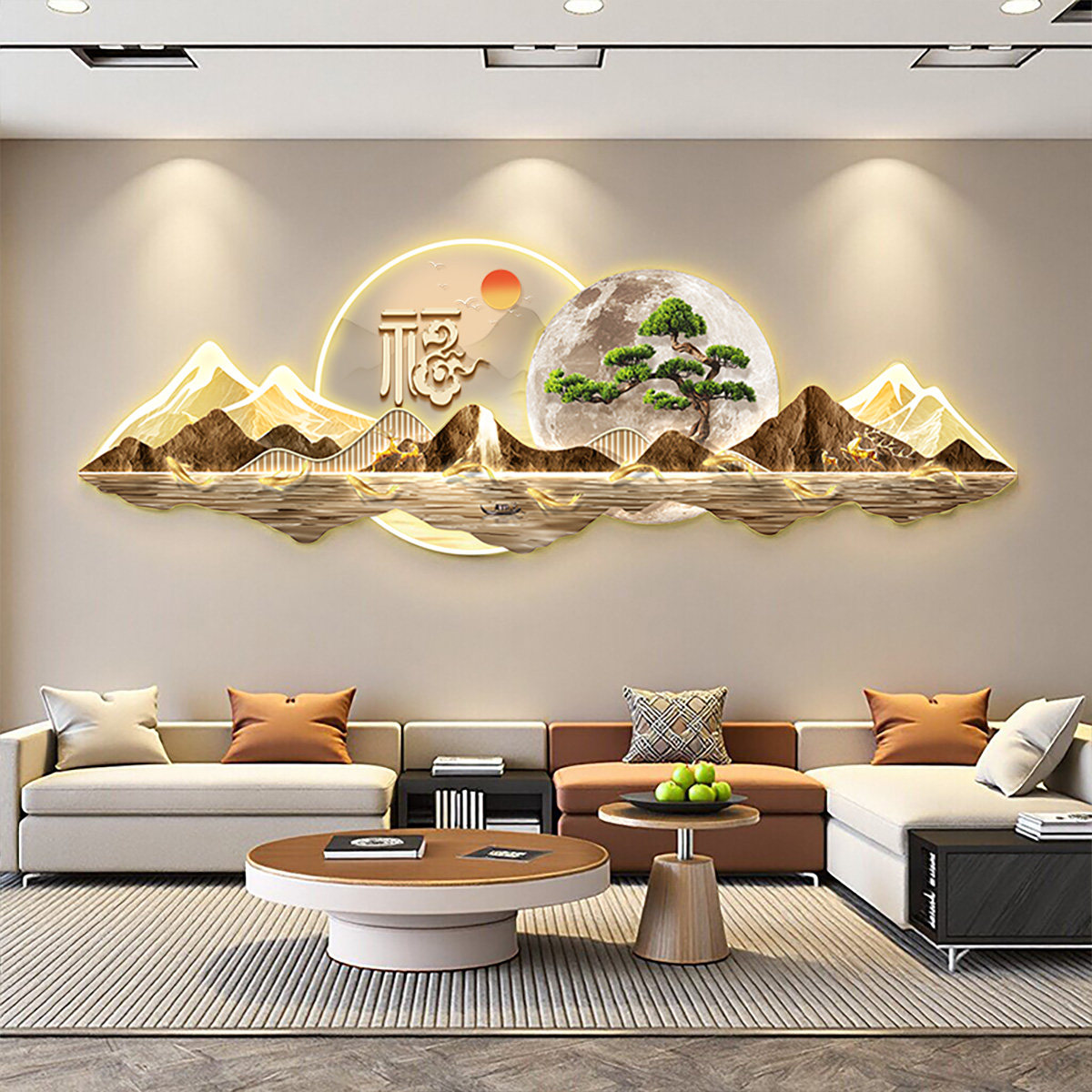 现代LED灯带山水装饰画图片