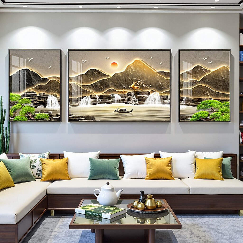 中式客厅沙发背景墙装饰画2025新款办公室迎客松山水画大白墙挂画
