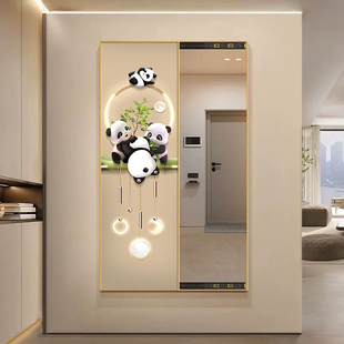 大熊猫国潮风玄关暗藏式 饰画通道挂画 全身镜子画推拉隐形穿衣镜装