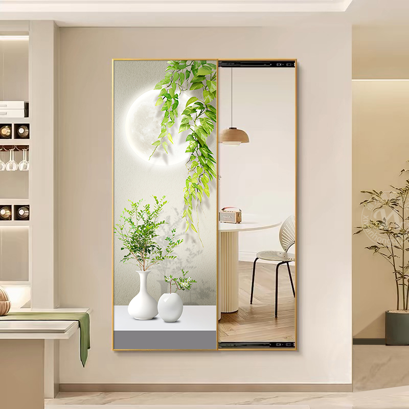 小清新绿植玄关推拉式隐形穿衣镜