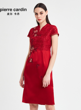皮尔卡丹女夏季红色绣花旗袍一步裙气质连衣裙【专柜正品】