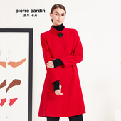 皮尔卡丹女装 专柜正品 红色时尚 风衣外套中长款 女上衣