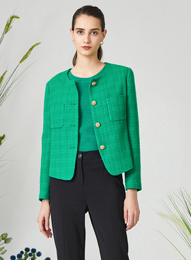 【皮尔卡丹女装】2024春季绿色长袖单排扣小香风外套【专柜正品】