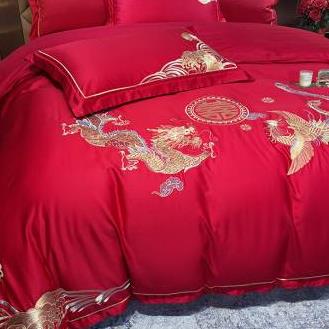 极速高端婚庆四件组大红色中w式喜被罩牀单牀笠新结婚房嫁礼牀上