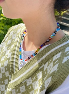 极速项链琉璃h彩色串珠同款雏菊链周雨彤锁骨花朵小众女潮小花感