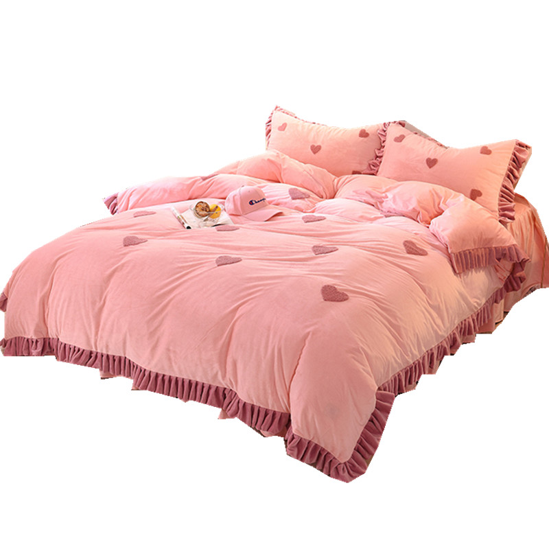 极速insc少女爱心宝宝绒床裙四件套公主风冬季加厚法兰珊瑚绒床上