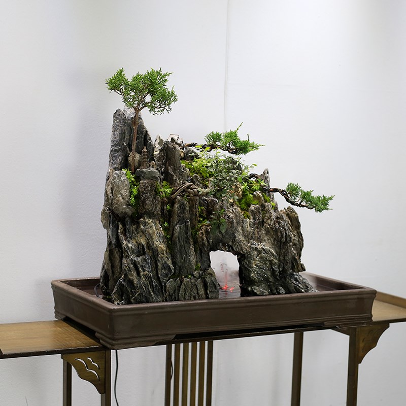大型假山流水庭院鱼池造景室内办公室盆景植物风水摆件绿植真柏