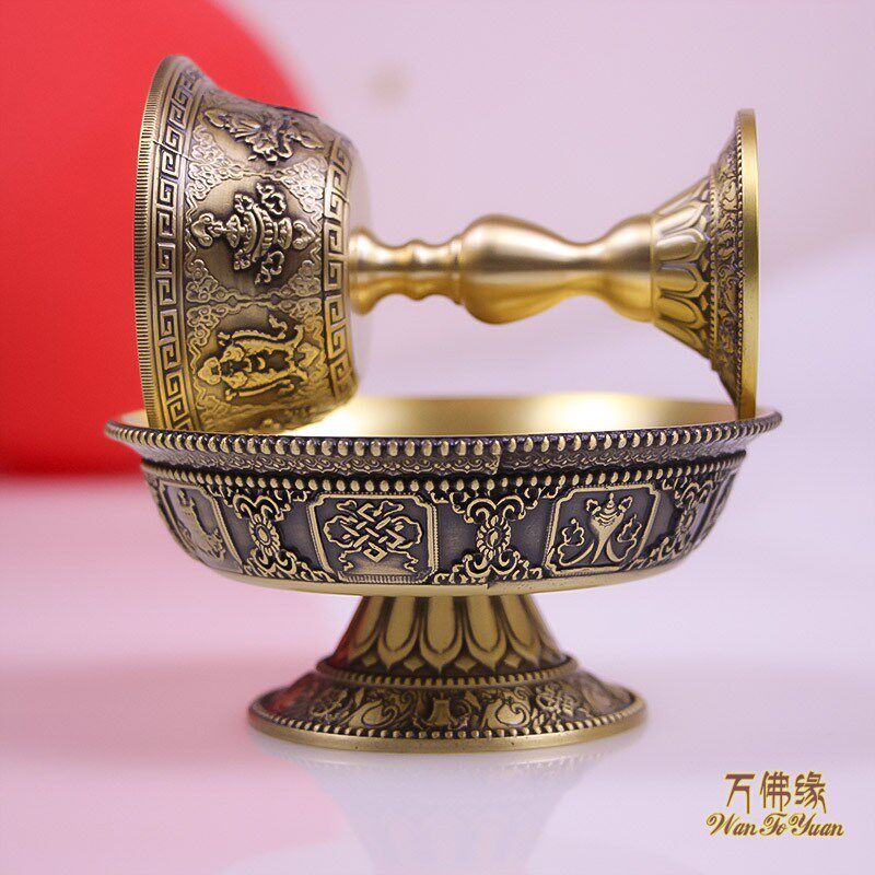 黄铜护法杯藏传复古供杯鎏金密宗八吉祥摆件供水杯净水防氧化雕花
