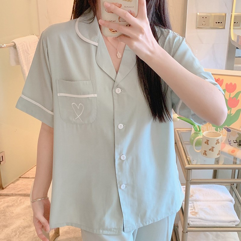短袖棉绸睡衣女夏季薄款可外穿人造棉家居服日系开衫纯色绵绸套装