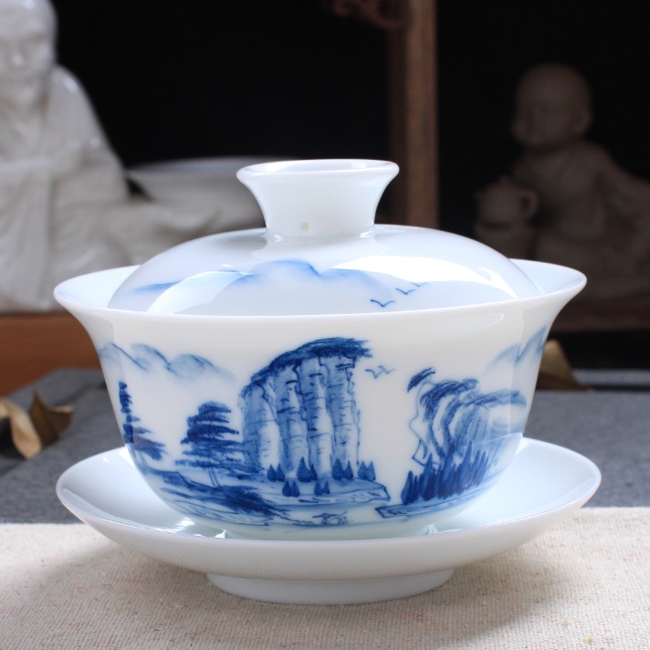 手绘白瓷茶碗盖碗茶杯 陶瓷功夫茶具青花瓷泡茶三才盖碗中号加厚