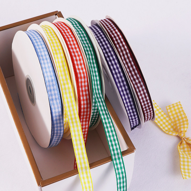 1cm格子带鲜花丝带手工烘焙礼盒包装蛋糕双面彩带S服装辅料90码长