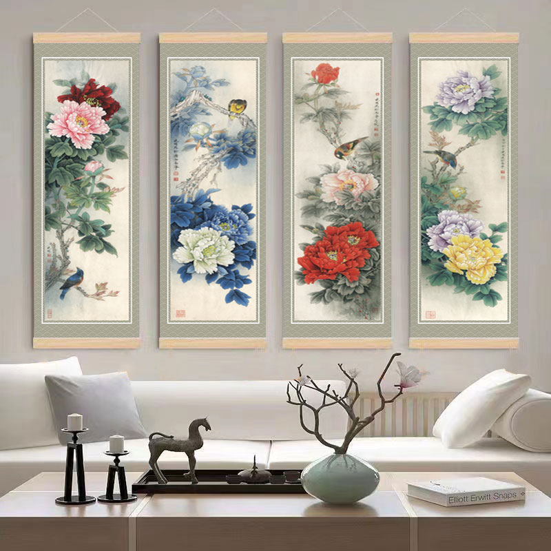 新中式书房e客厅装饰画山水画写意花鸟画国画四联梅兰竹菊挂画卷