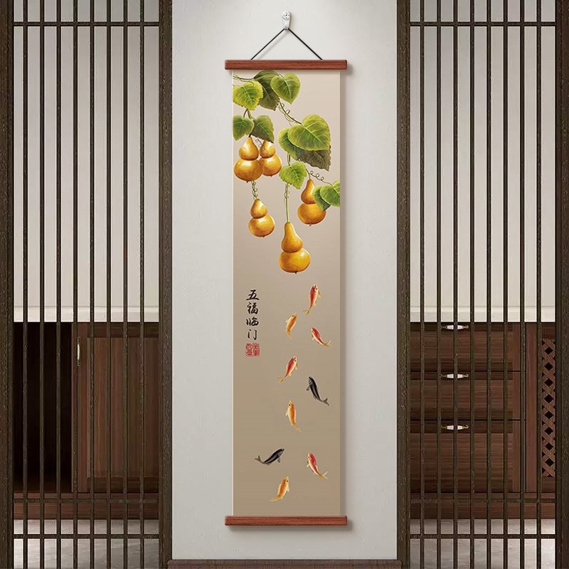 五福临门玄关装饰画葫芦入户正对门过道挂画O高档大气竖窄长条壁