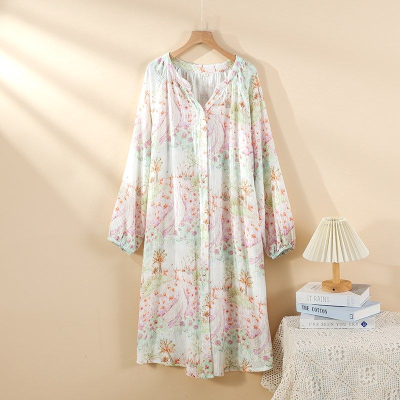 双层纯棉纱布睡裙女长袖春秋x夏季全棉薄款浴袍大码宽松睡衣家居