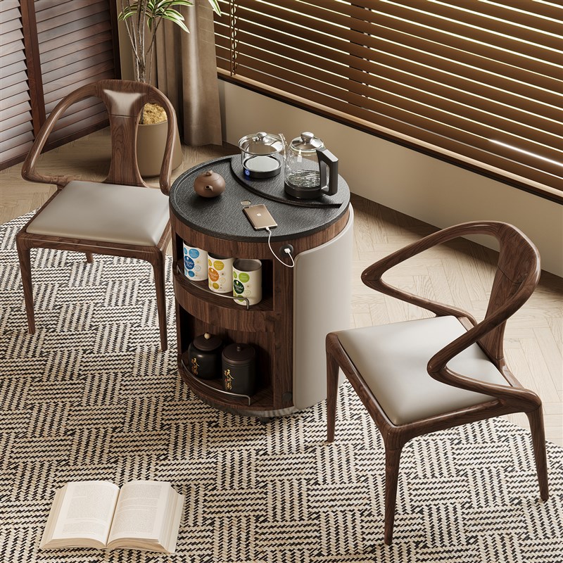 移动阳台小茶车简约火烧石茶几沙发边I几小户型新中古风木泡茶台