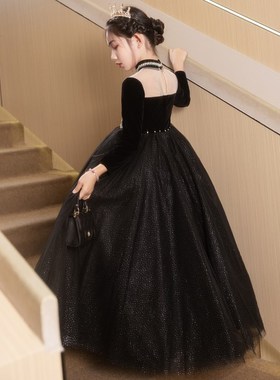 万圣节女童e礼服秋冬黑色高端大气公主裙儿童主持人钢琴演奏演出