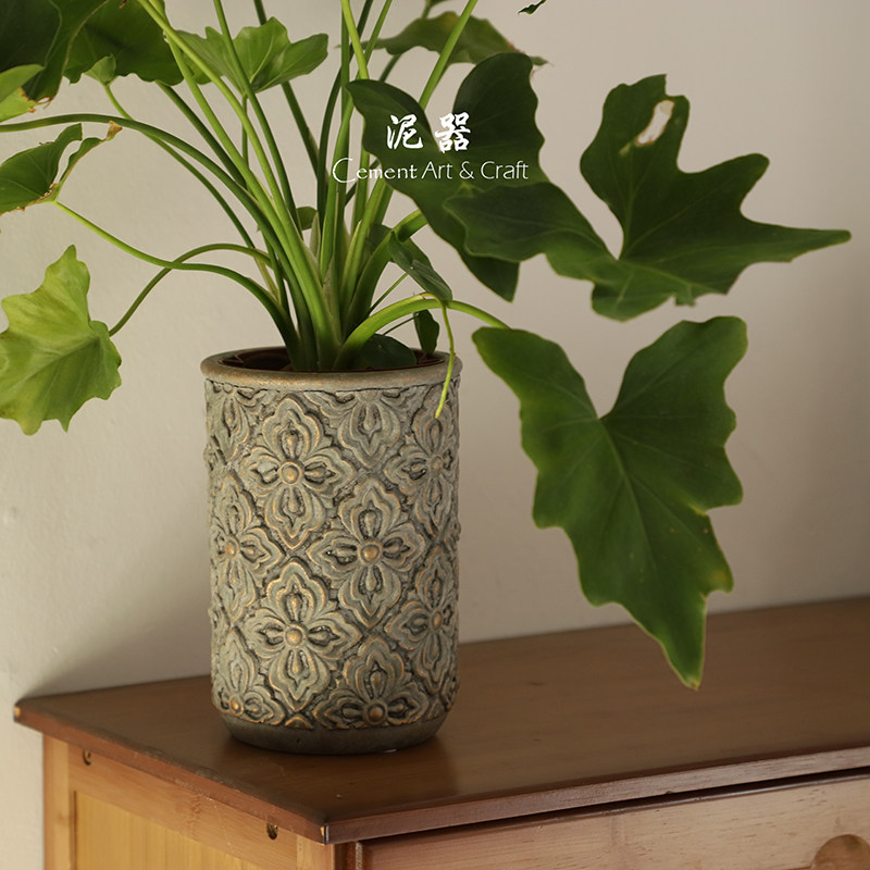 泥器复古粗陶浮雕老桩p多肉高圆水泥花盆透气葛蝴蝶兰花盆插花瓶