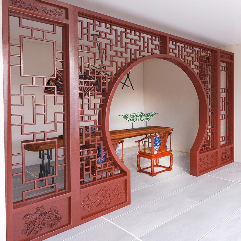 实木拱门月洞门新中式屏风隔断客厅玄关入户门博古V架展示柜置物
