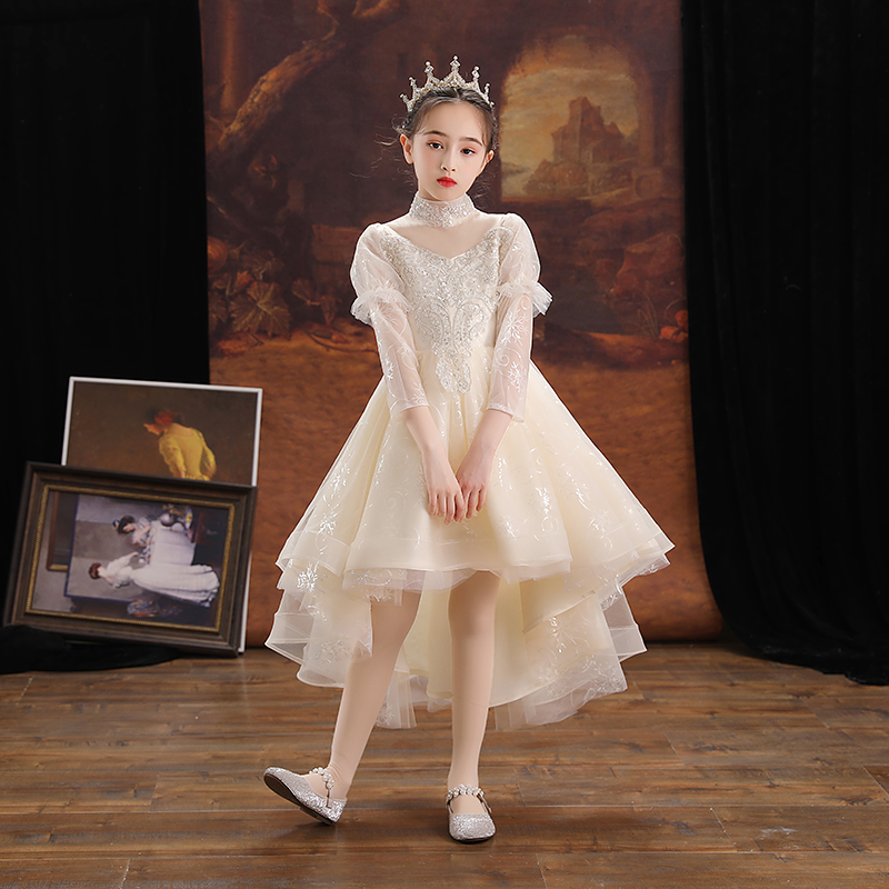 儿童晚礼服女童公主裙小孩花童婚纱生日长袖主持人U钢琴演出服春