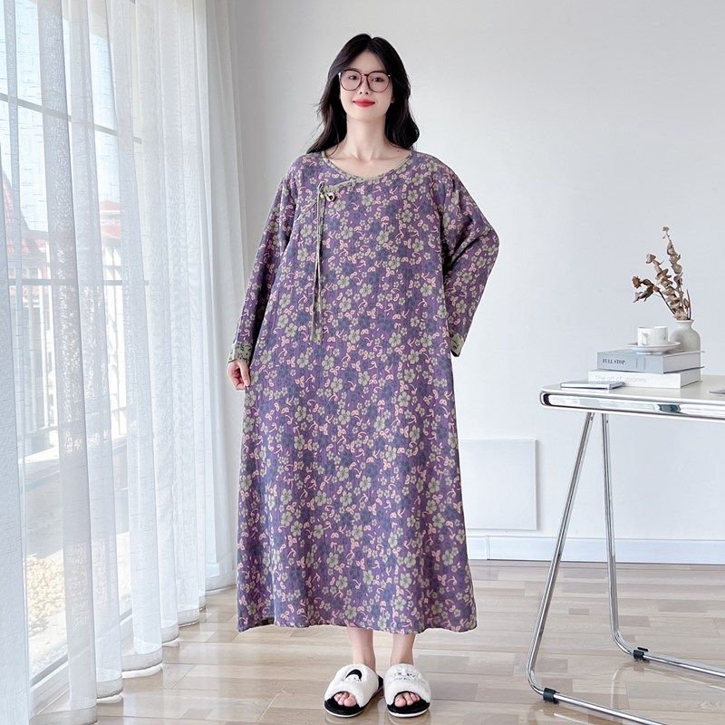 2024秋季新款中国风纯s棉纱布大码睡裙女200斤长袖宽松睡衣家居服,女士内衣/男士内衣/家居服,睡裙,淘宝优惠券,粉丝福利购,淘宝优惠卷