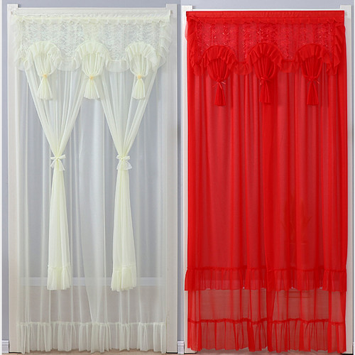 结婚卧室红色蕾丝门帘双层双开关帘子农村大门O纱帘免打孔黏贴隔