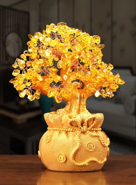 黄水晶摇钱招财树发财树钱袋摆件家居酒柜装饰Q工艺品乔迁开业礼