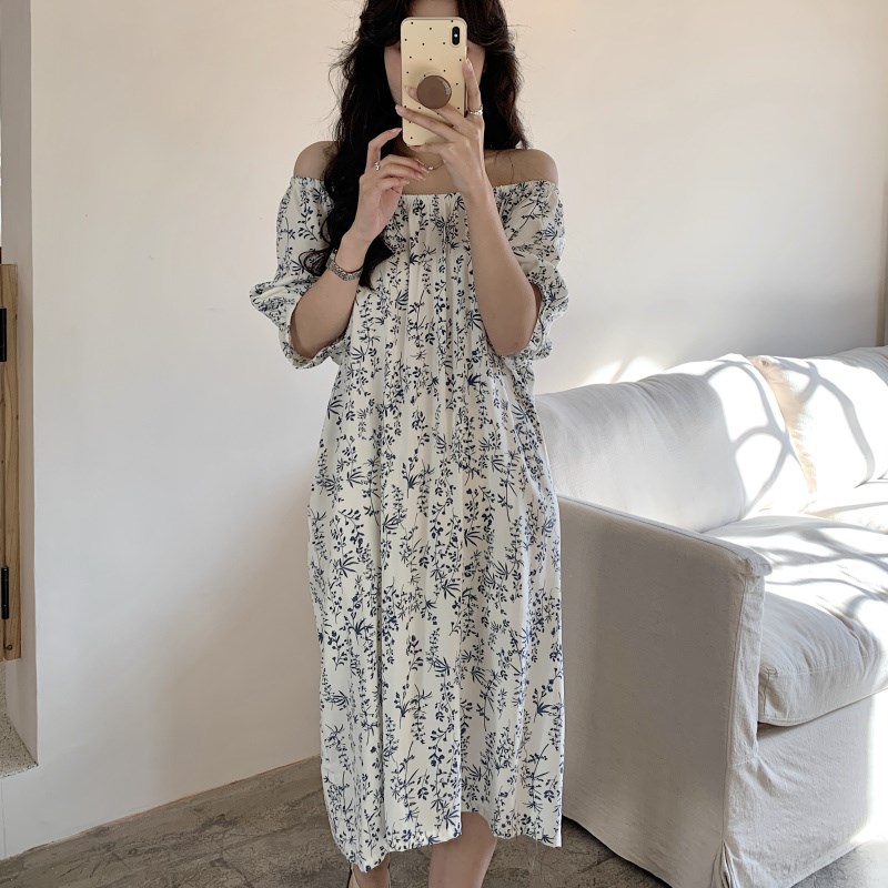 短袖青花瓷中式棉绸睡裙女春x夏季薄款家居服裙子宽松连衣裙可外