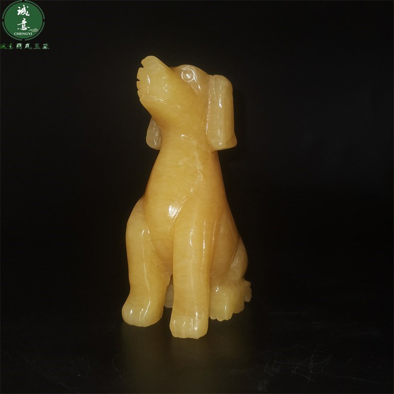 客厅天然米黄玉石雕十二生肖招财狗桌面I小摆件旺财坐地生财小黄