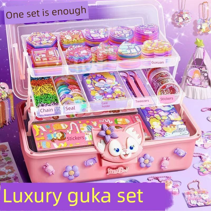 古卡套装奶油胶豪华版女孩和儿童手册贴纸古卡三层T旋转盒玩具存