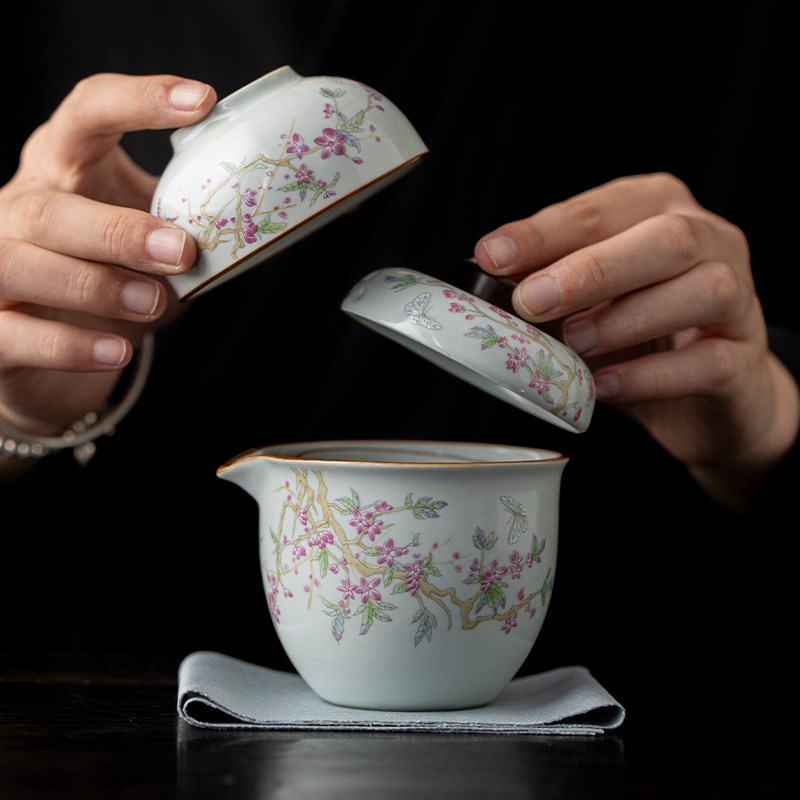 米黄汝窑一壶三杯便携式旅行茶具户外泡茶K快客杯收纳包送礼可定