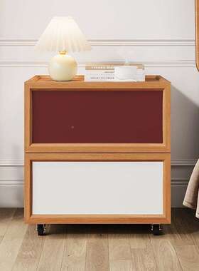 厂家直实木中古色拼色创意轮移销动家HIS可用撞色卧室储物床头滚