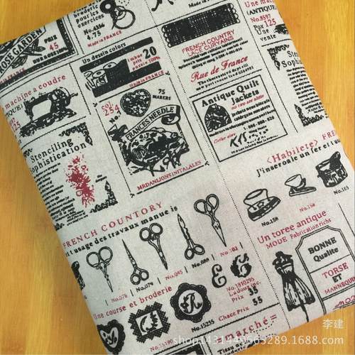 厂家直销 亚麻面料 麻布印花 小剪刀 手工DIY 工艺里子布